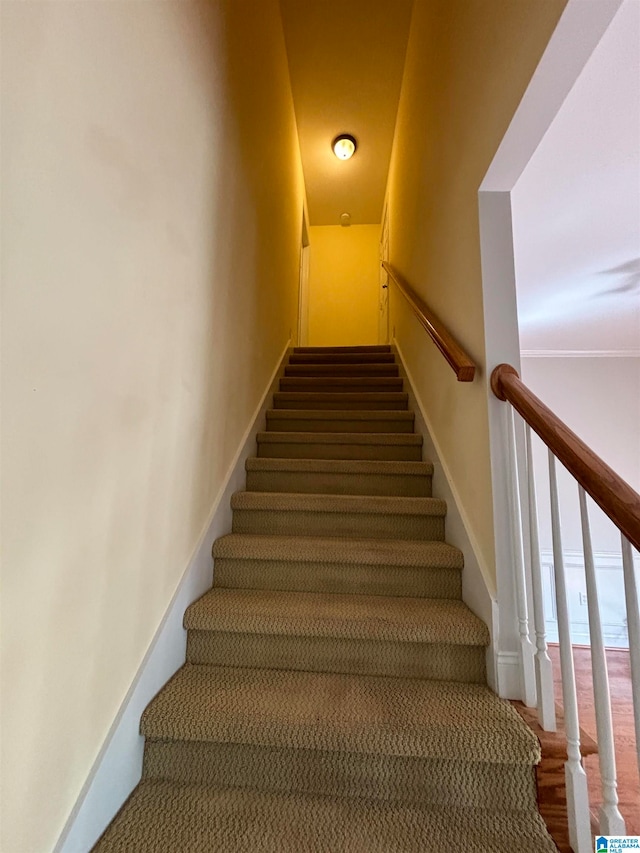 stairs featuring hardwood / wood-style floors