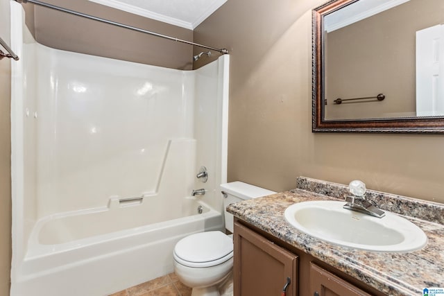 full bathroom featuring shower / tub combination, tile patterned floors, toilet, vanity, and ornamental molding