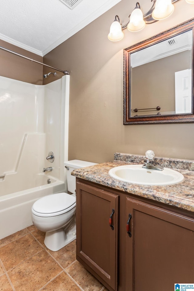 full bathroom featuring a textured ceiling, vanity, crown molding, toilet, and washtub / shower combination