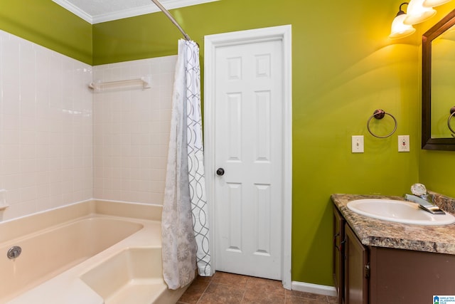 bathroom featuring crown molding, vanity, tile patterned floors, and shower / bath combination with curtain