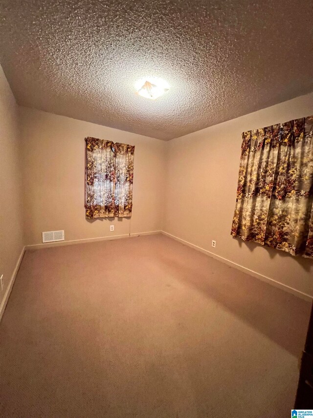 empty room with a textured ceiling and carpet floors