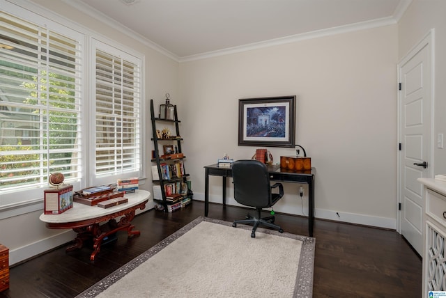 office area featuring crown molding and dark wood-type flooring