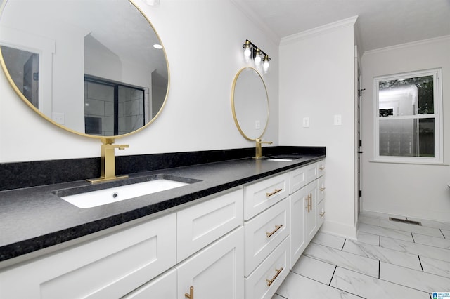 207 Friendship Cir, Clanton, AL 35045 - bathroom with marble finish floor, double vanity, ornamental molding, and a sink