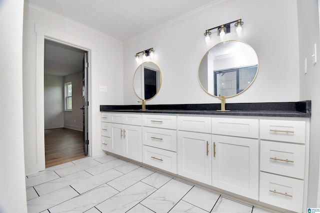 207 Friendship Cir, Clanton, AL 35045 - bathroom featuring marble finish floor, a sink, crown molding, and double vanity