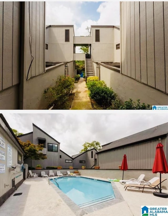 community pool featuring stairs and a patio