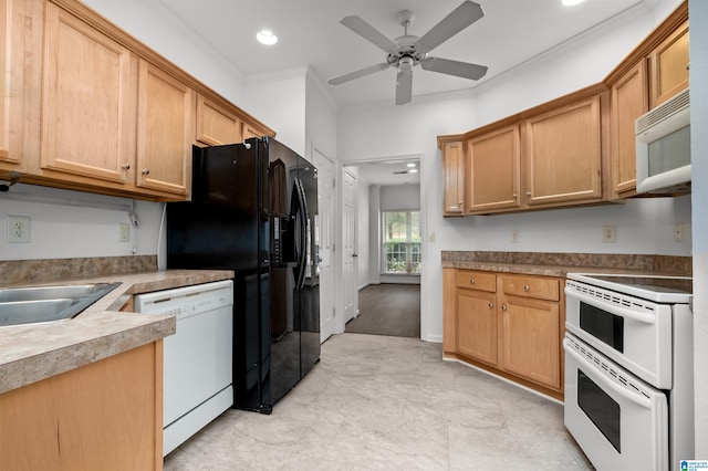 kitchen featuring ornamental molding, white appliances, sink, and ceiling fan