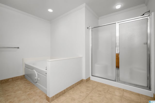 bathroom featuring crown molding, shower with separate bathtub, and tile patterned flooring