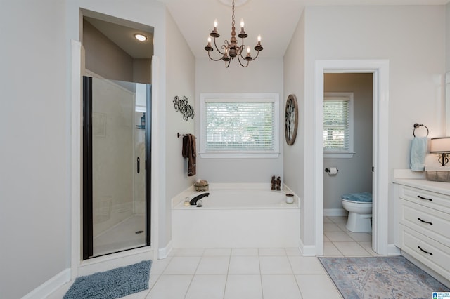 full bathroom featuring toilet, plus walk in shower, tile patterned flooring, vanity, and a chandelier