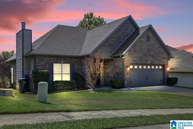 view of front of house with a garage and a lawn