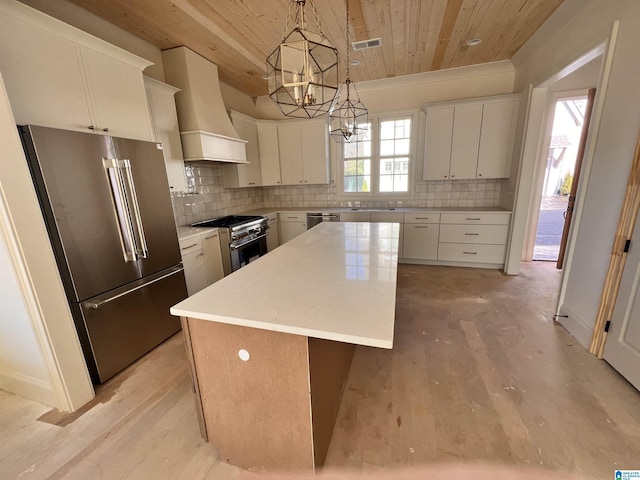 kitchen featuring white cabinets, a center island, high end appliances, and wood ceiling