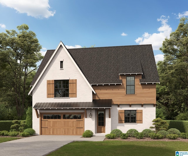 modern farmhouse style home featuring metal roof, an attached garage, brick siding, concrete driveway, and a standing seam roof