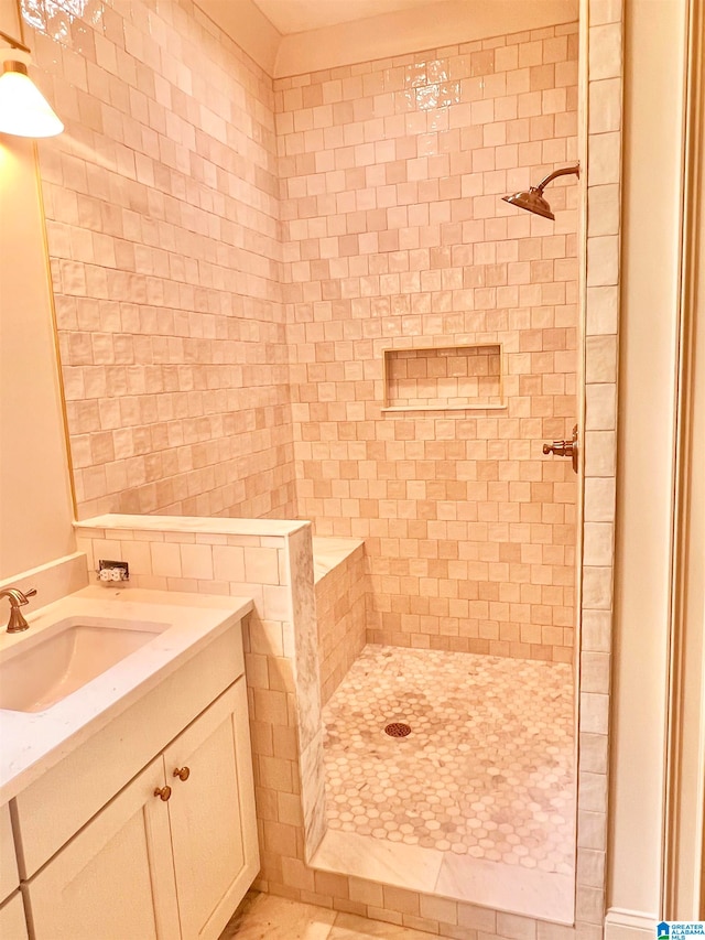 bathroom with a tile shower and vanity