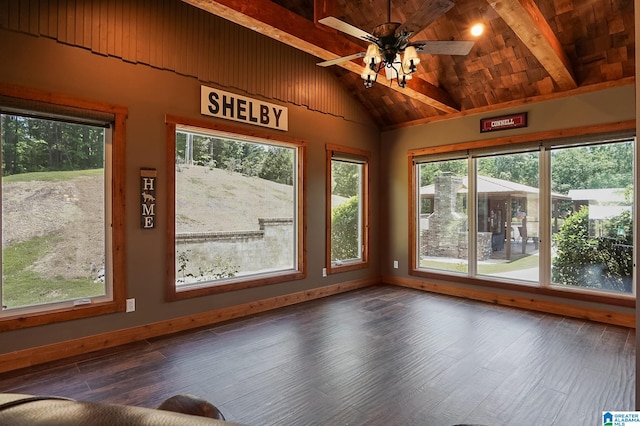 unfurnished sunroom featuring ceiling fan and lofted ceiling with beams