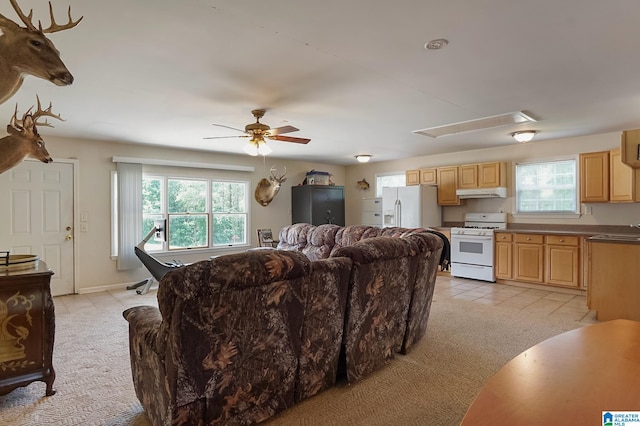 carpeted living room with a wealth of natural light, sink, and ceiling fan