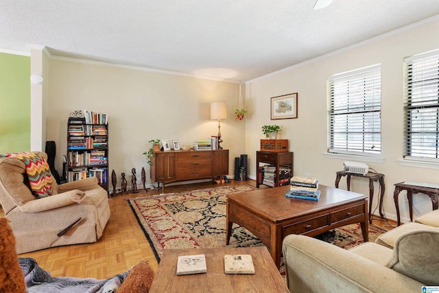 living room with light parquet flooring and ornamental molding