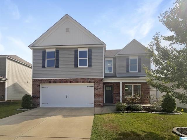 view of front of property with concrete driveway, a garage, brick siding, and a front lawn