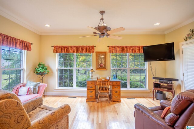 living room featuring ceiling fan, light hardwood / wood-style floors, and ornamental molding