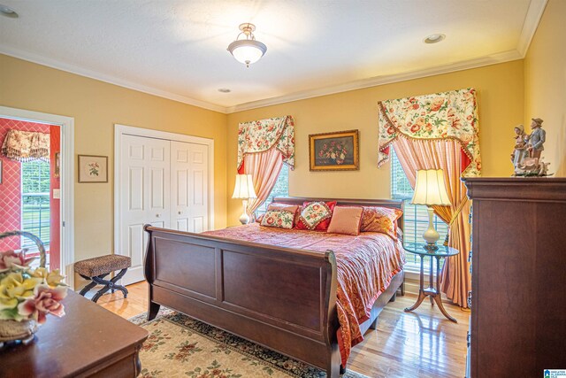 bedroom with light wood-type flooring, multiple windows, and a closet