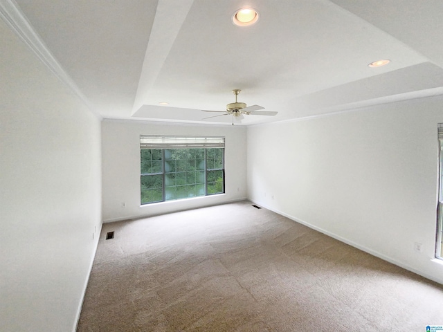 unfurnished room featuring a tray ceiling, ceiling fan, and carpet floors