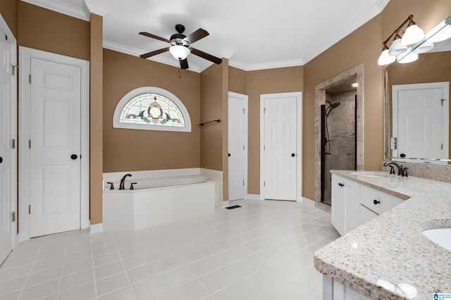 bathroom with crown molding, tile patterned floors, independent shower and bath, ceiling fan, and vanity