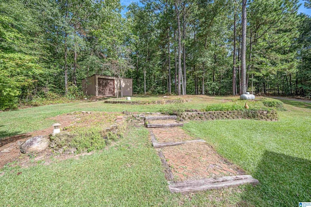 view of yard with a storage unit