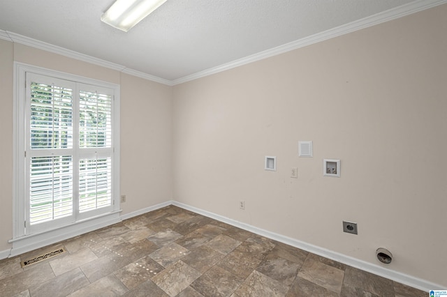 washroom with washer hookup, crown molding, electric dryer hookup, and a textured ceiling