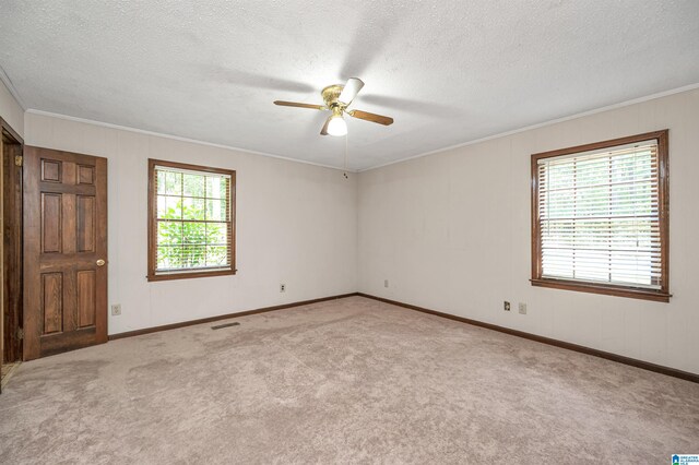 carpeted spare room with ceiling fan, crown molding, and a textured ceiling