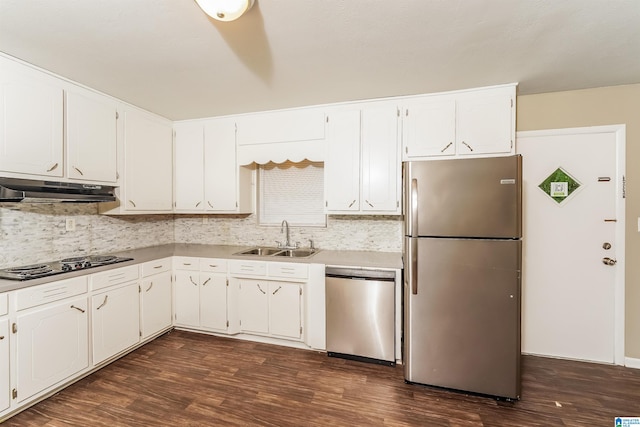 kitchen featuring appliances with stainless steel finishes, sink, decorative backsplash, and dark hardwood / wood-style floors