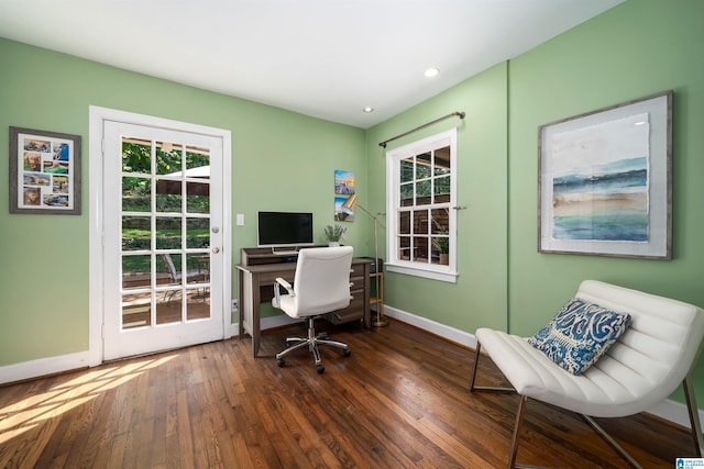 home office featuring dark hardwood / wood-style flooring