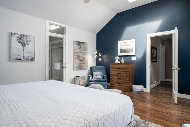 bedroom featuring lofted ceiling, ceiling fan, and dark wood-type flooring