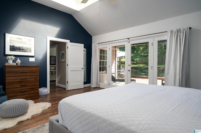 bedroom featuring ceiling fan, lofted ceiling, french doors, dark wood-type flooring, and access to exterior