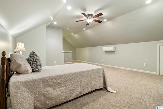 carpeted bedroom featuring lofted ceiling, ceiling fan, and a wall unit AC