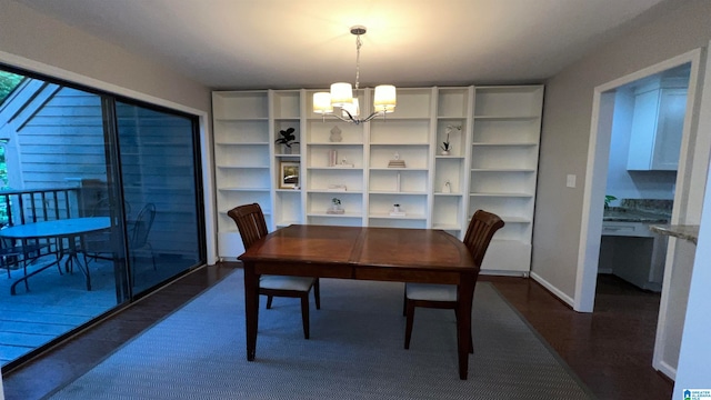 dining area with hardwood / wood-style flooring and an inviting chandelier