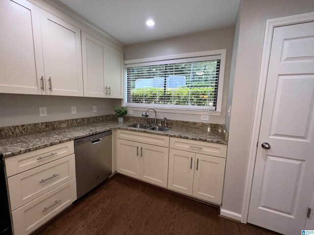 kitchen featuring stainless steel dishwasher, sink, dark hardwood / wood-style floors, and white cabinets