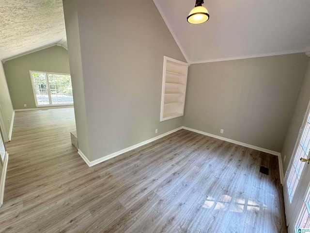 additional living space featuring lofted ceiling, built in features, wood-type flooring, and a textured ceiling