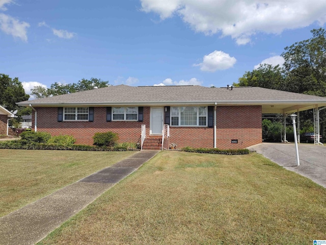 ranch-style house with a front lawn and a carport