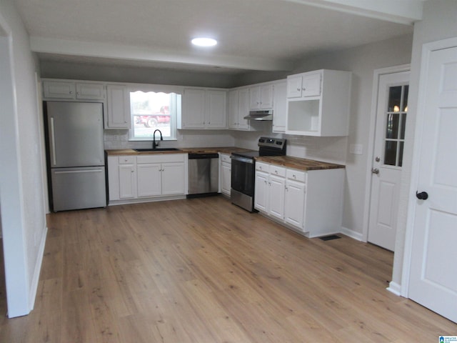 kitchen featuring appliances with stainless steel finishes, sink, white cabinetry, butcher block counters, and light wood-type flooring