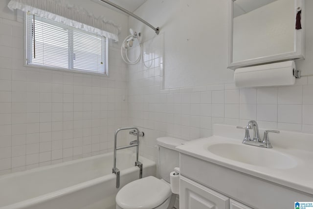 1717 Center Way S, Birmingham, AL 35205 - full bathroom featuring tile walls, toilet, bathing tub / shower combination, vanity, and backsplash