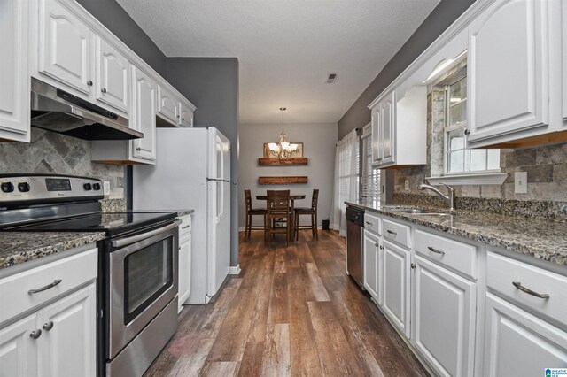 kitchen featuring backsplash, stainless steel appliances, white cabinetry, sink, and dark hardwood / wood-style floors