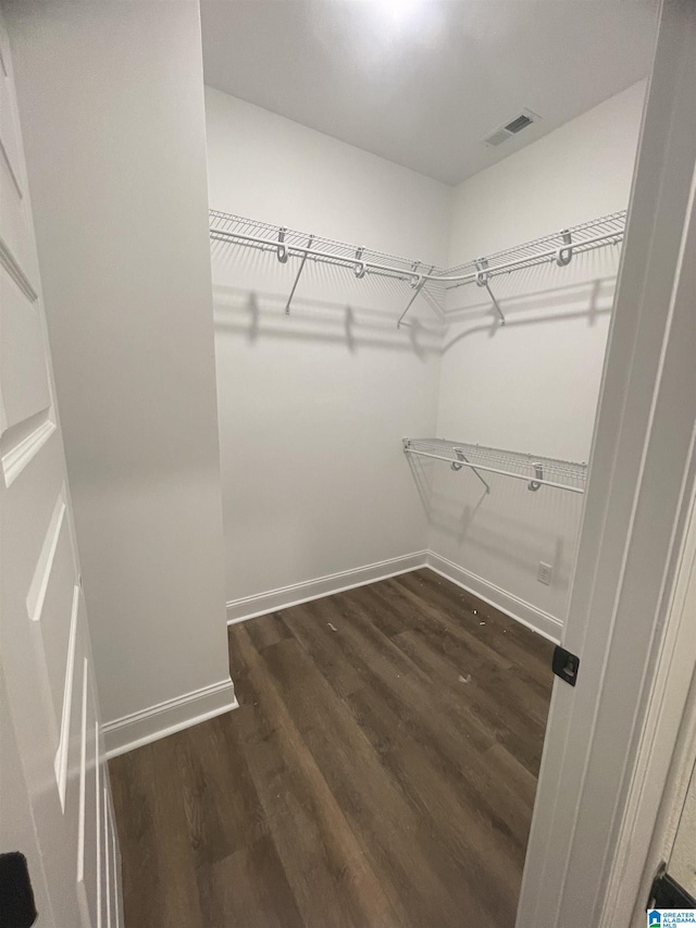 walk in closet with dark wood-type flooring