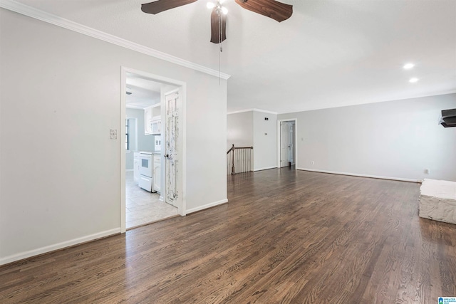 unfurnished living room with ornamental molding, wood-type flooring, and ceiling fan