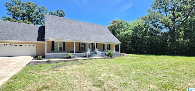 view of front of house featuring a front yard, covered porch, a garage, driveway, and roof with shingles