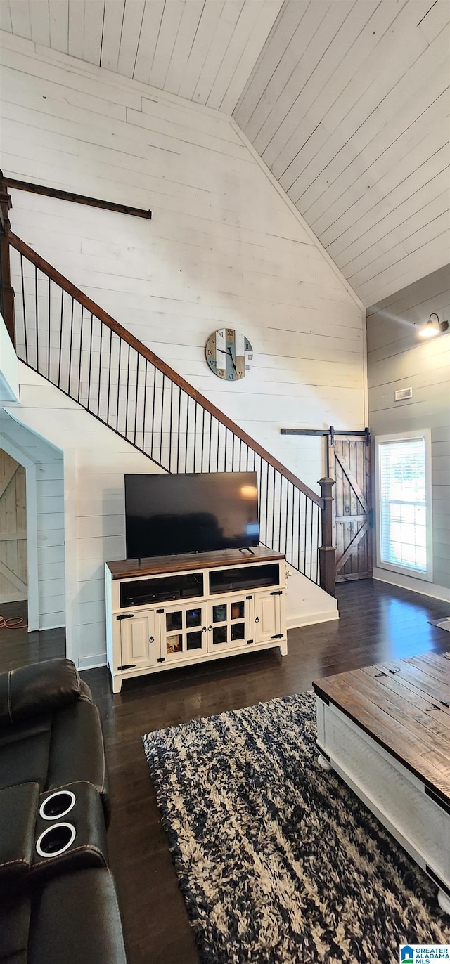 living area featuring wooden walls, high vaulted ceiling, wood finished floors, and wood ceiling