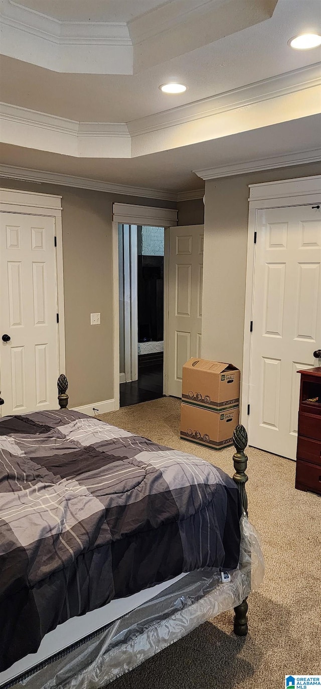 bedroom with crown molding, carpet, and a tray ceiling