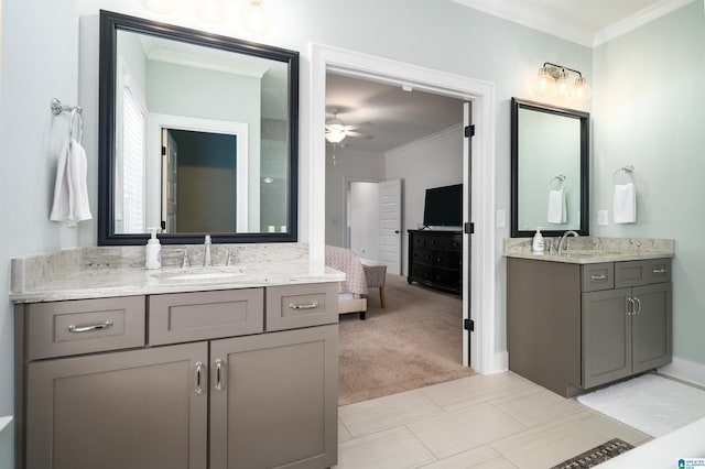 bathroom featuring tile patterned floors, ceiling fan, ornamental molding, and vanity