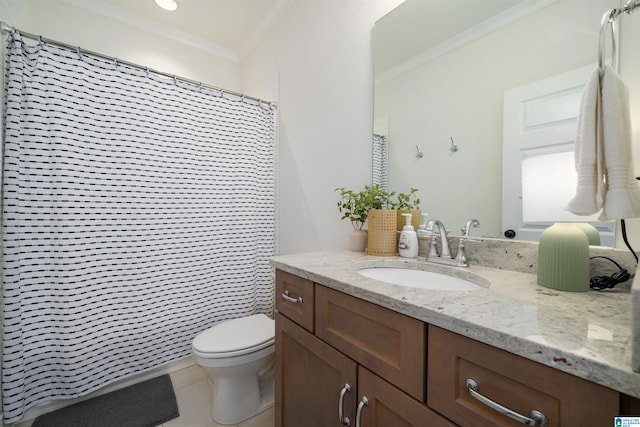 bathroom with tile patterned floors, walk in shower, toilet, vanity, and ornamental molding