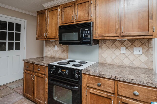 kitchen featuring white electric stove, backsplash, and ornamental molding