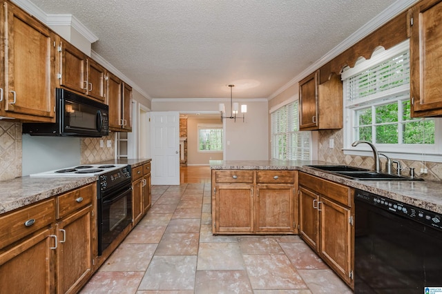 3424 Oakdale Dr, Vestavia Hills, AL 35223 - kitchen featuring brown cabinets, black appliances, a sink, a peninsula, and crown molding