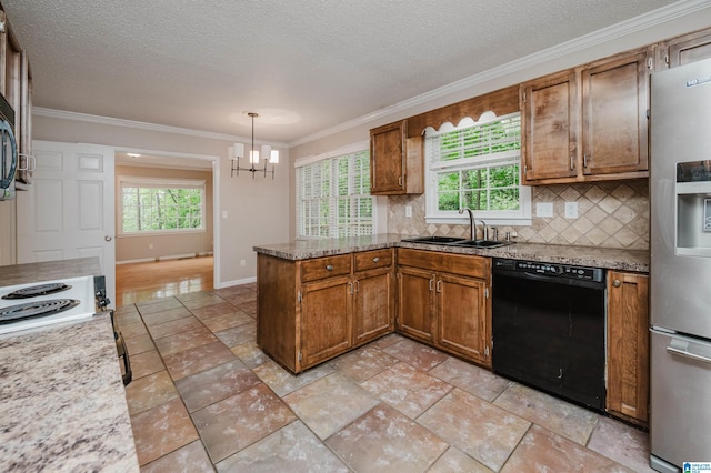3424 Oakdale Dr, Vestavia Hills, AL 35223 - kitchen featuring stainless steel fridge with ice dispenser, dishwasher, a peninsula, brown cabinetry, and a sink