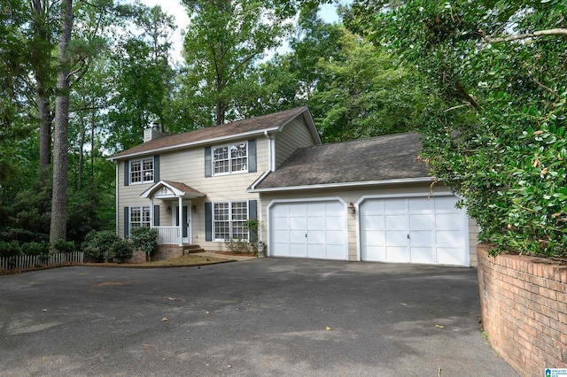3424 Oakdale Dr, Vestavia Hills, AL 35223 - colonial inspired home featuring fence, a shingled roof, a chimney, a garage, and aphalt driveway